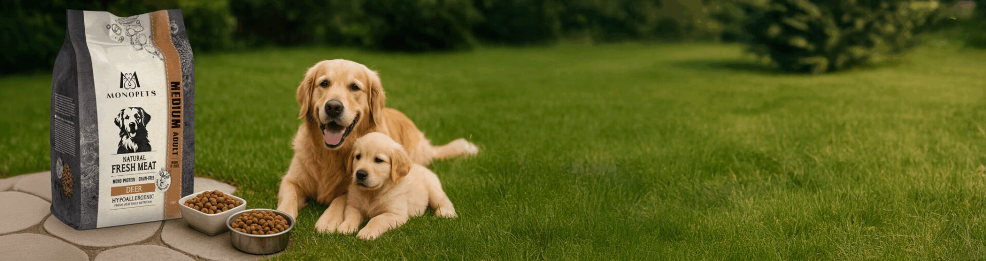 Een oudere en jonge hond liggen in een grasveld naast een zak Monopets-hondenbrokken.