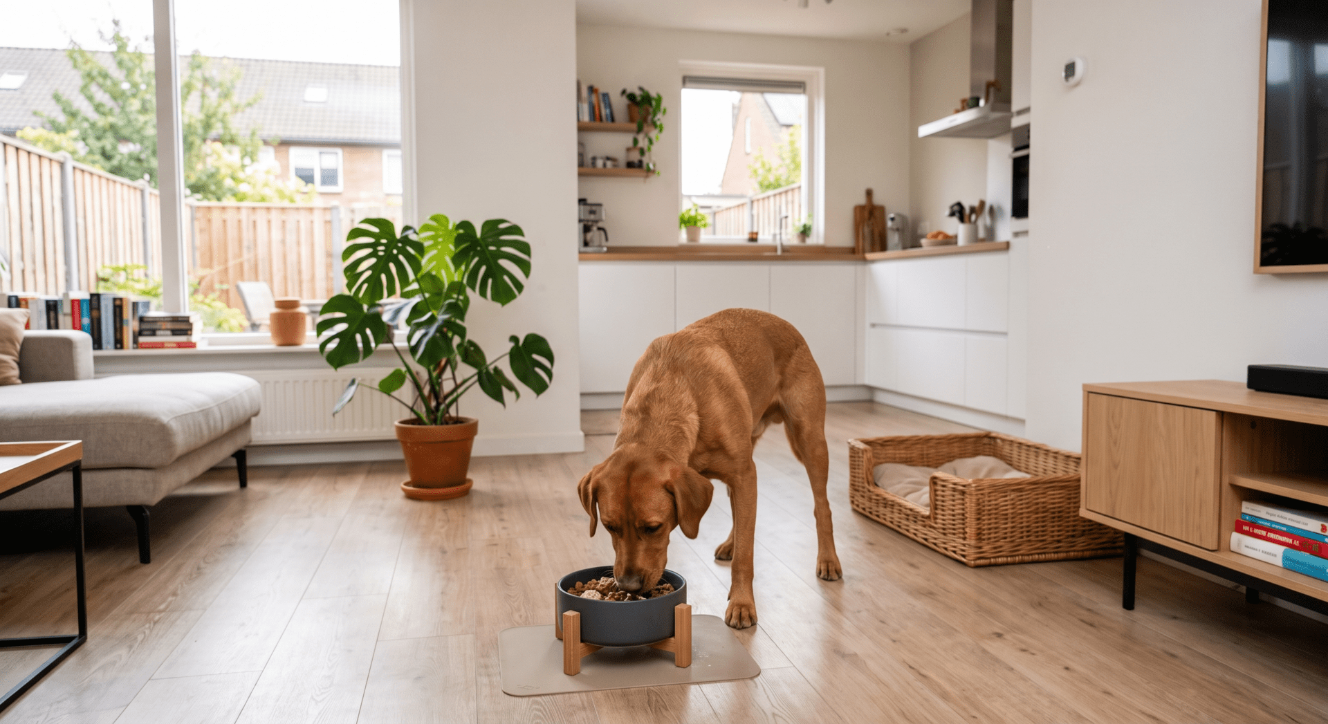 Een bruine hond eet zijn maaltijd uit een stijlvolle, verhoogde voerbak in een lichte en moderne Nederlandse woonkamer.